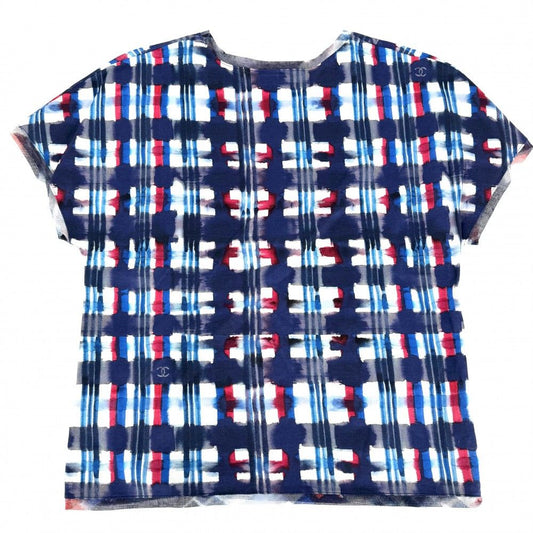 Chanel Short Sleeve Shirt Check Top Lace CC Logo 34 Blue White Cotton Summer