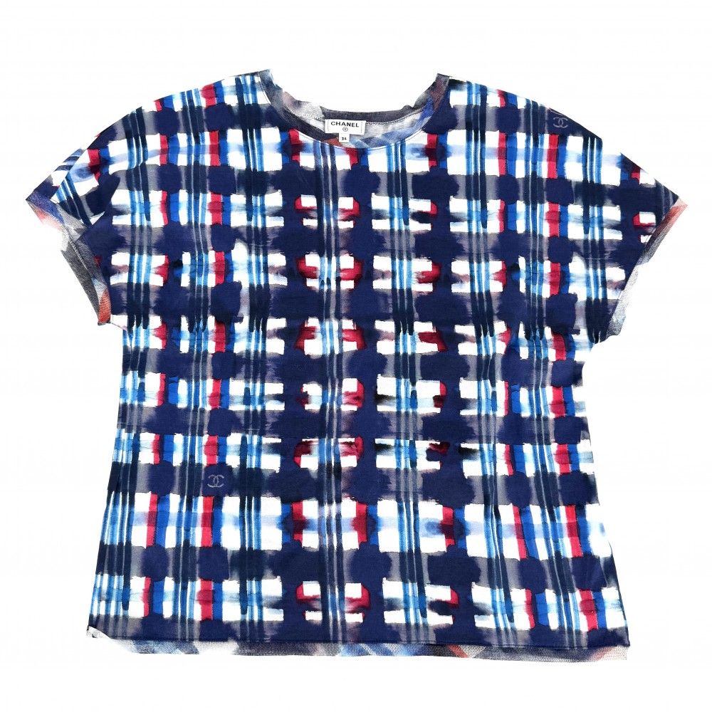 Chanel Short Sleeve Shirt Check Top Lace CC Logo 34 Blue White Cotton Summer — view 2