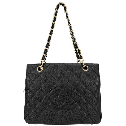 Chanel Tote Quilted CC Logo Handbag Shoulder Chain Caviar Leather Black Gold