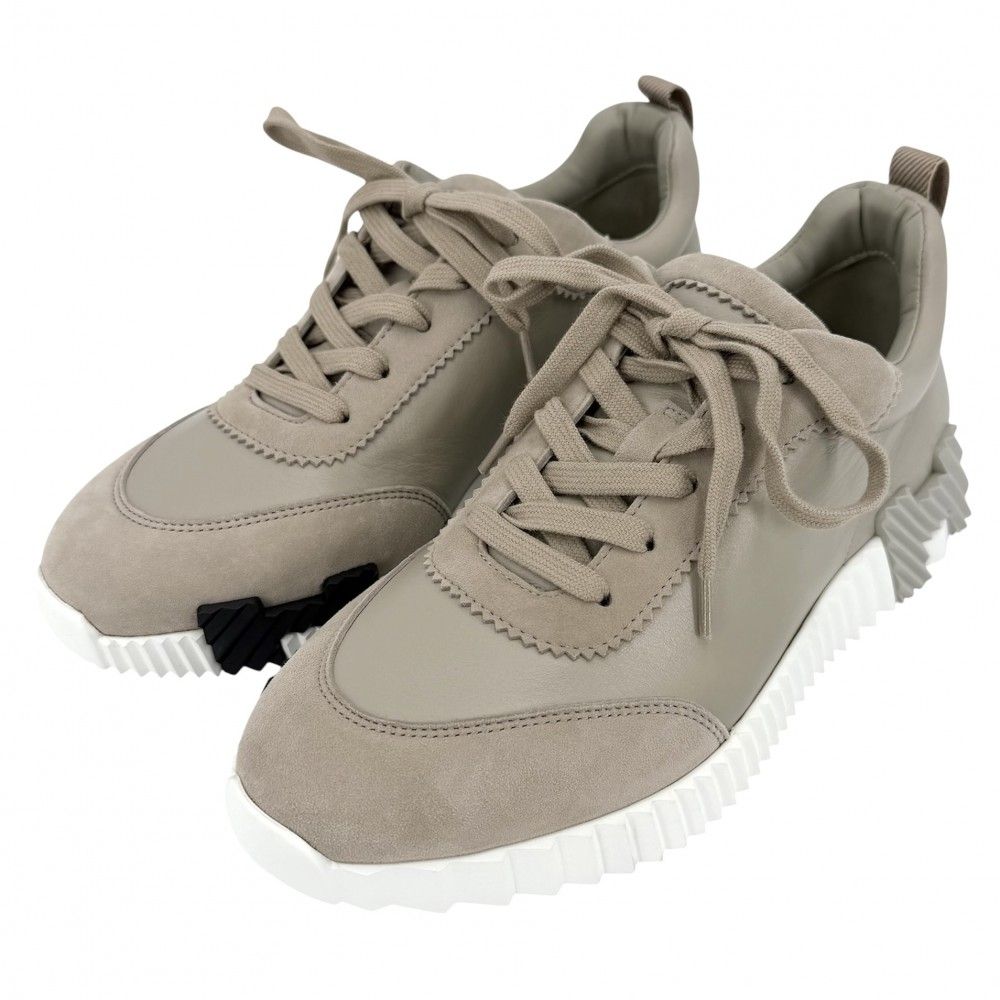 Hermes Sneakers Bouncing Shoes 39.5 Leather Suede Rubber Beige White