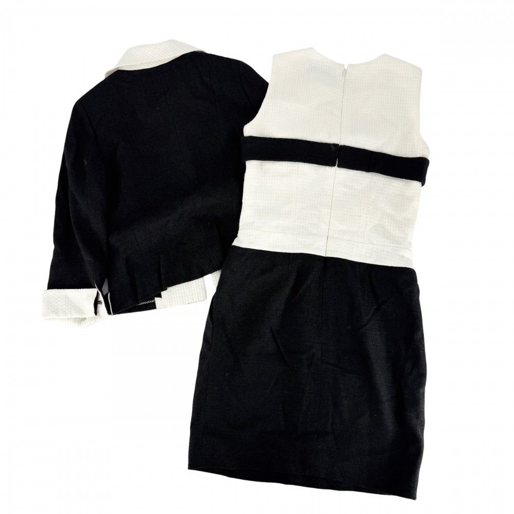 Chanel Set Tweed Bicolor Jacket Sleeveless Dress 38 Black White Silver Linen — view 2