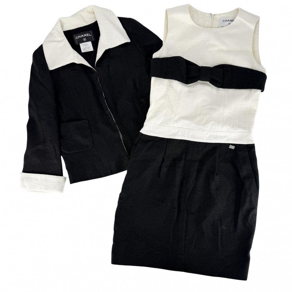 Chanel Set Tweed Bicolor Jacket Sleeveless Dress 38 Black White Silver Linen
