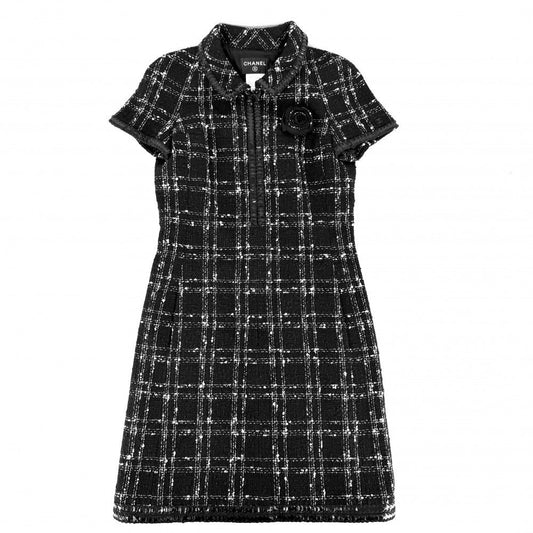 Chanel Dress Tweed Camellia Short Sleeve 38 Black Gold Cotton Acrylic Summer