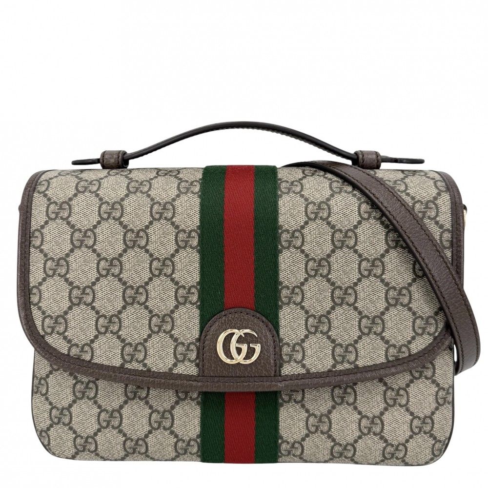Gucci 2-Way Ophidia Top Handle Shoulder Bag Crossbody GG Supreme Canvas Leather