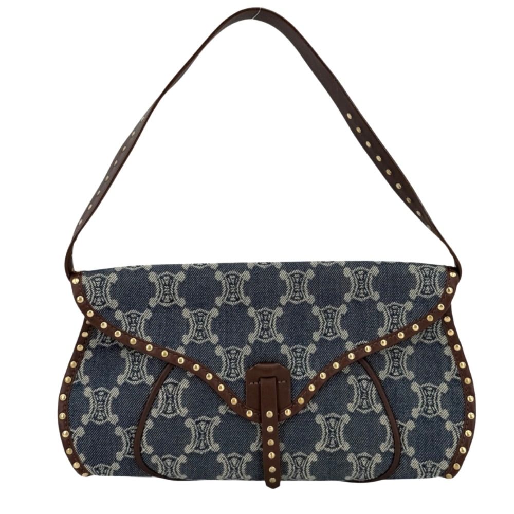 Celine Handbag Paris Macadam One Shoulder Vintage Denim Leather Navy Brown Matt