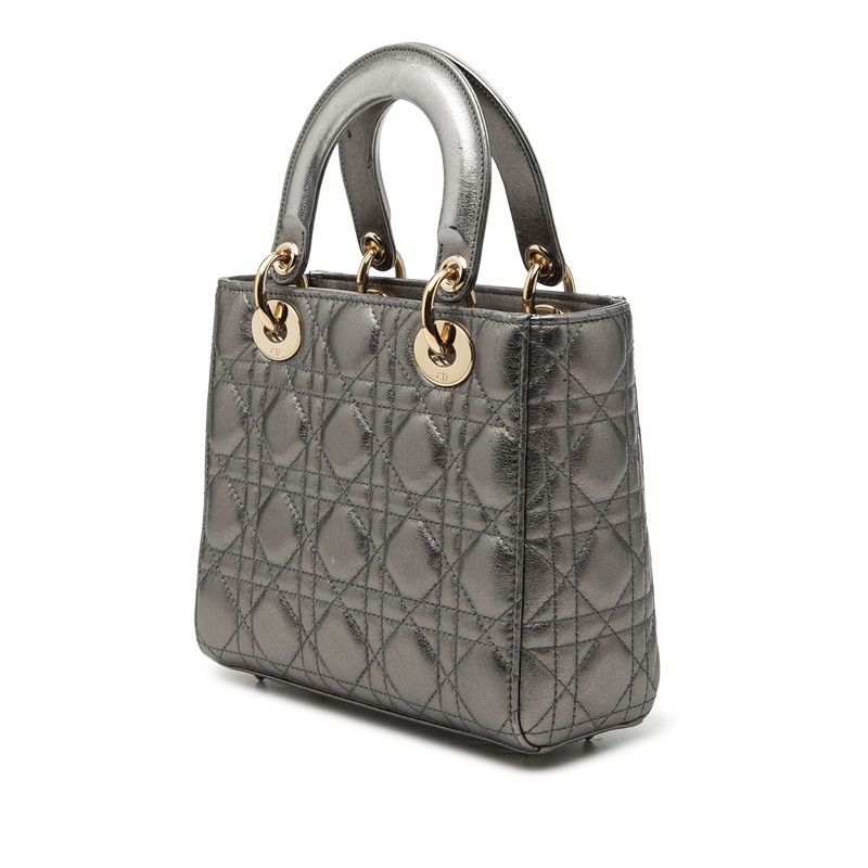 Dior Dio Cannage Ladydio 2-Way Shoulder Bag Silver Gold Leather — view 2