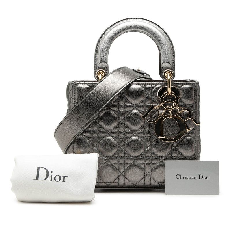 Dior Dio Cannage Ladydio 2-Way Shoulder Bag Silver Gold Leather — view 7
