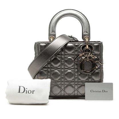 Dior Dio Cannage Ladydio 2-Way Shoulder Bag Silver Gold Leather — view 7