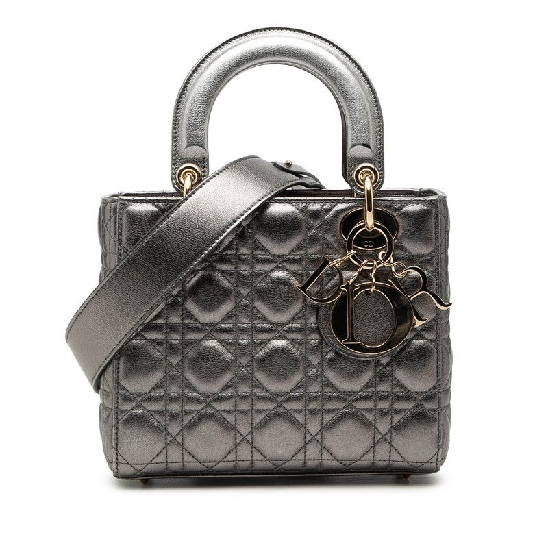 Dior Dio Cannage Ladydio 2-Way Shoulder Bag Silver Gold Leather