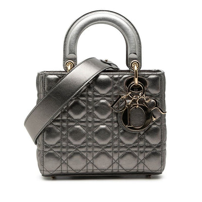 Dior Dio Cannage Ladydio 2-Way Shoulder Bag Silver Gold Leather