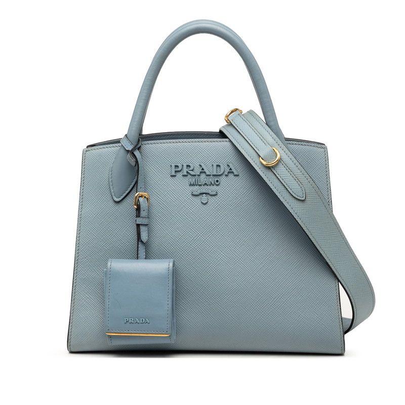 Prada Saffiano 2-Way Shoulder Bag Blue toblue Leather