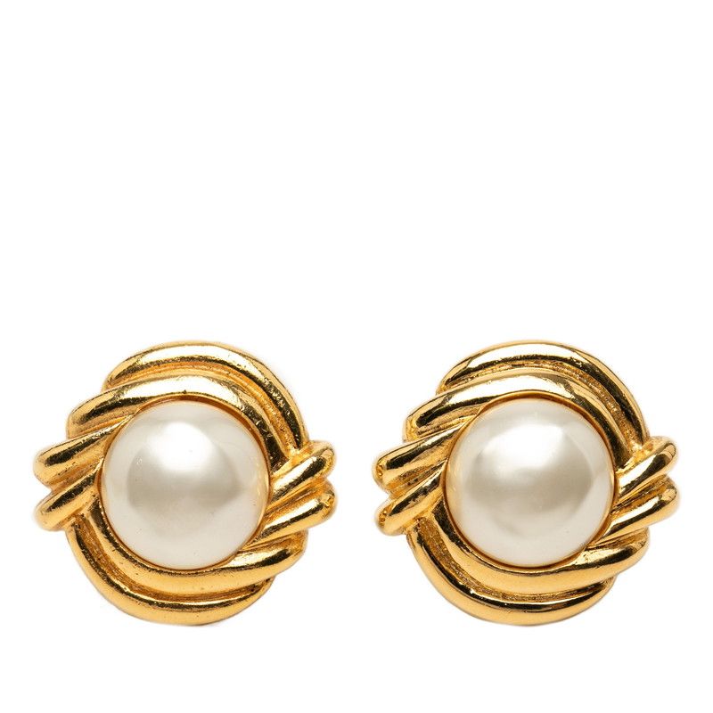 Chanel Tsustrike Earrings Gold Pearl Plating