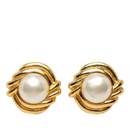 Chanel Tsustrike Earrings Gold Pearl Plating