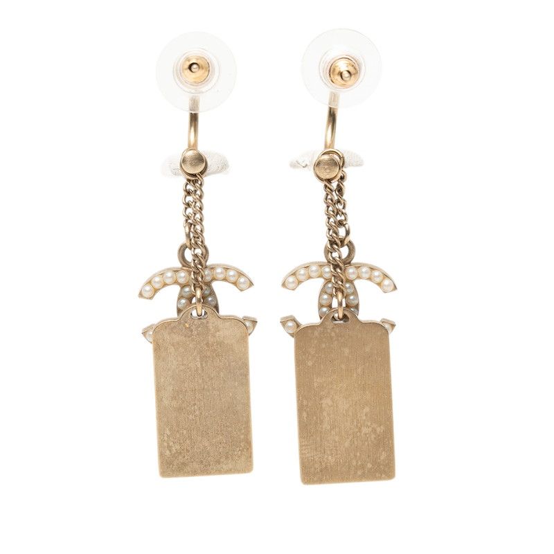 Chanel CC Logo 31 Rue Cambon Plate Earrings Gold tale Pearl — view 2