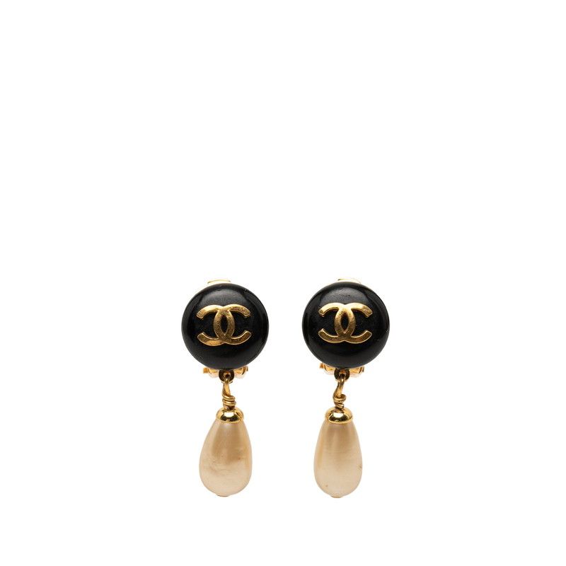 Chanel CC Logo Earrings 93 Vintage Black Gold Pearl Plating