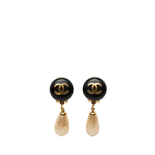 Chanel CC Logo Earrings 93 Vintage Black Gold Pearl Plating
