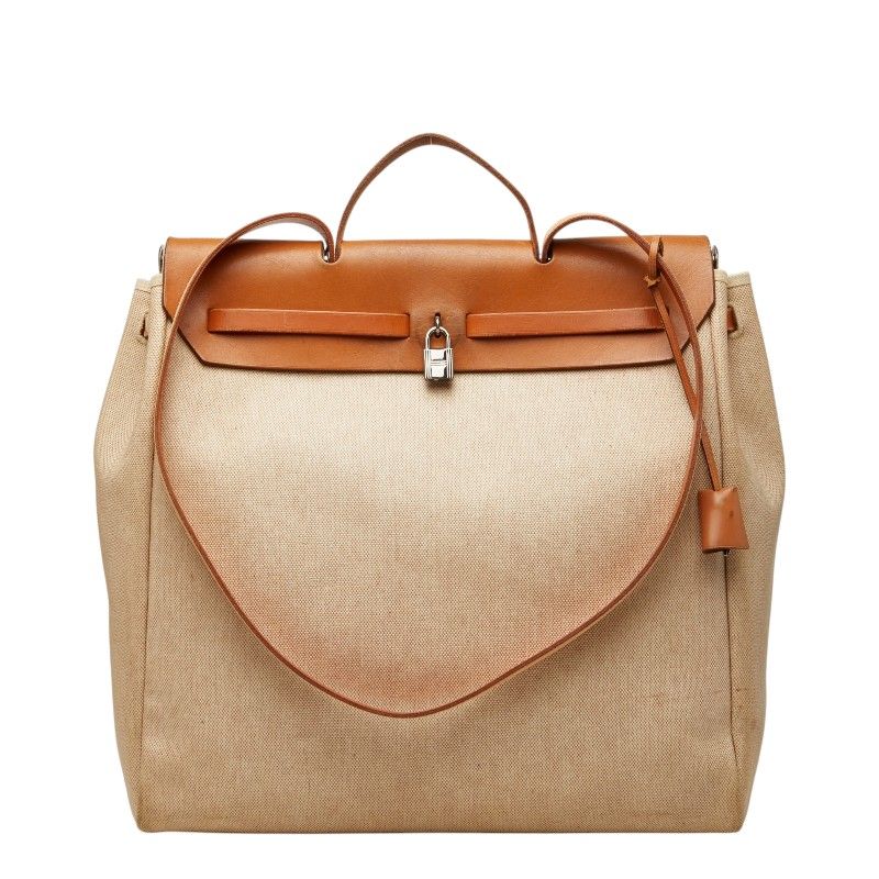 Hermes Herbag MM Tote Shoulder Bag 2-Way bo Brown Silver shu Leather