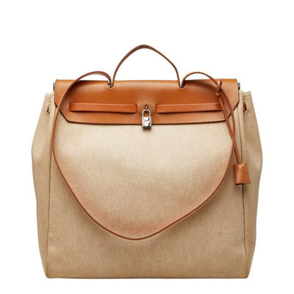 Hermes Herbag MM Tote Shoulder Bag 2-Way bo Brown Silver shu Leather