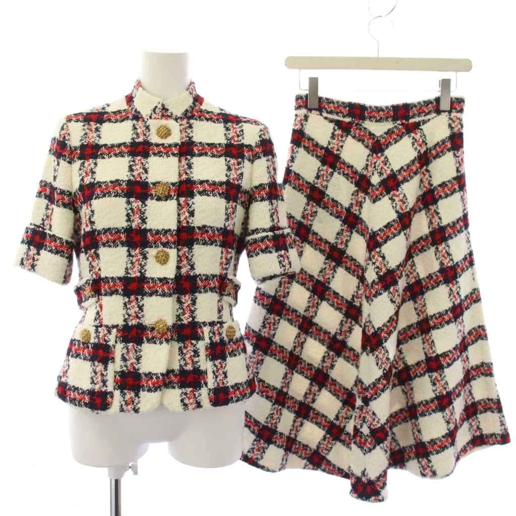Gucci Suit Stand Collar Jacket Skirt Check Tweed 38 White Red Zaglk