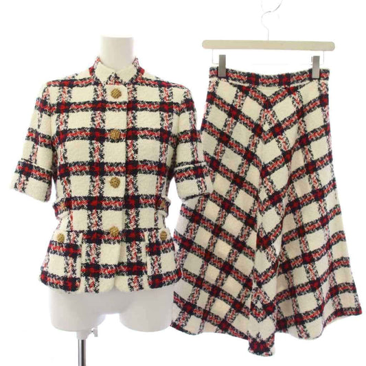 Gucci Suit Stand Collar Jacket Skirt Check Tweed 38 White Red Zaglk