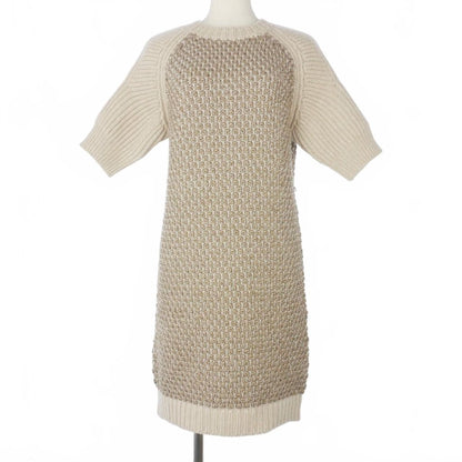 Fendi Knit Dress Short Sleeve Jacquard Knee Length Raglan 38 Beige