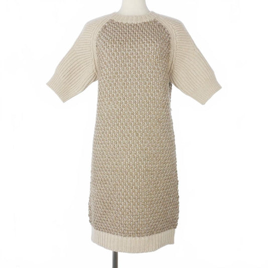 Fendi Knit Dress Short Sleeve Jacquard Knee Length Raglan 38 Beige