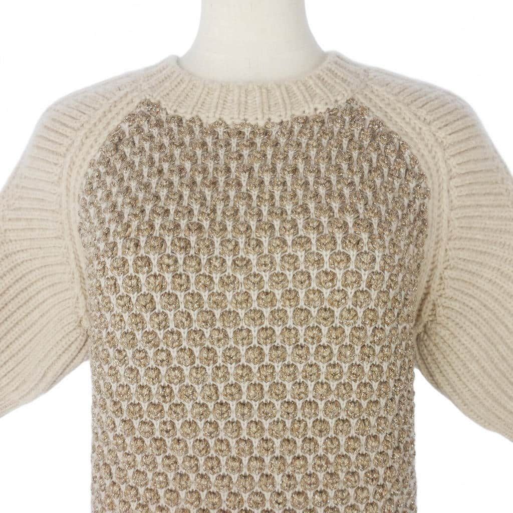 Fendi Knit Dress Short Sleeve Jacquard Knee Length Raglan 38 Beige — view 2