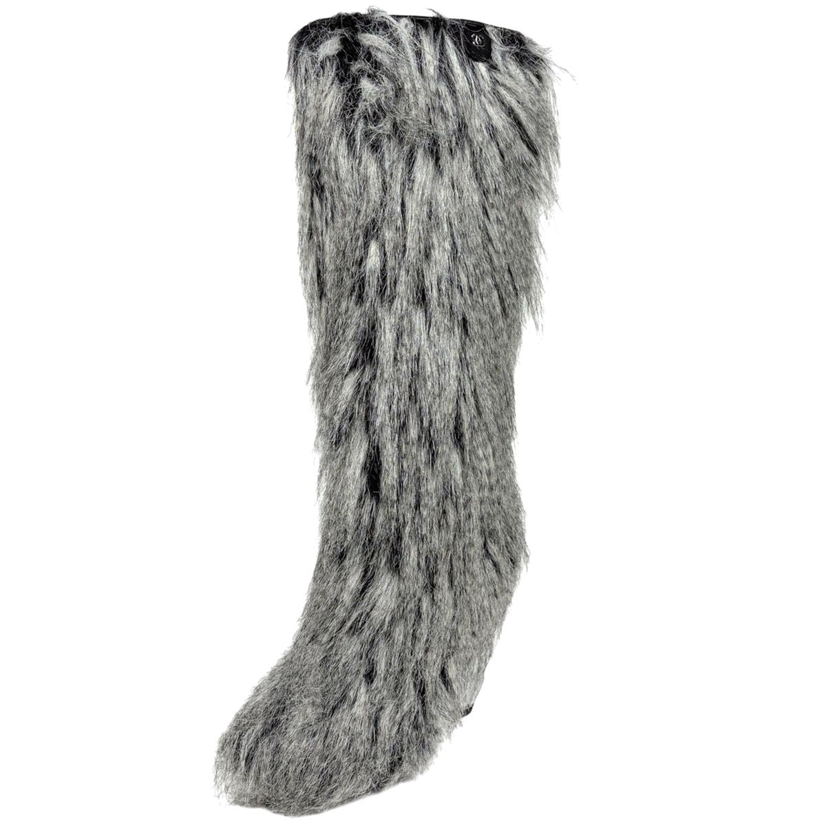 Chanel CC Logo Long Boots Shoes Leather Fur Black White