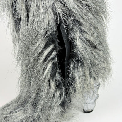 Chanel CC Logo Long Boots Shoes Leather Fur Black White — view 5