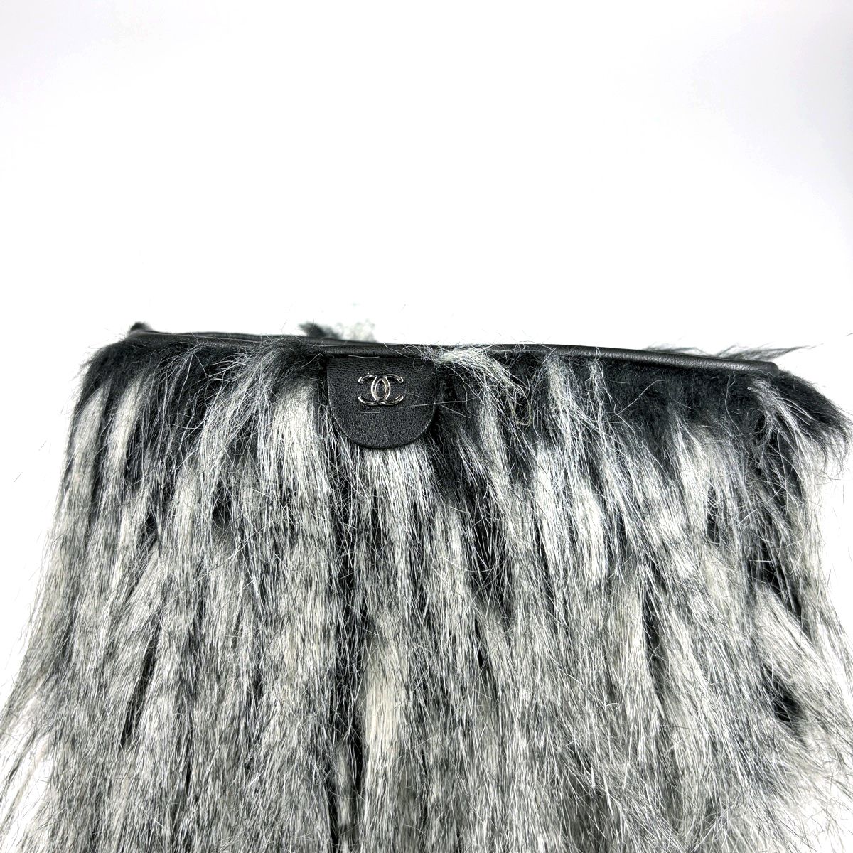 Chanel CC Logo Long Boots Shoes Leather Fur Black White — view 6