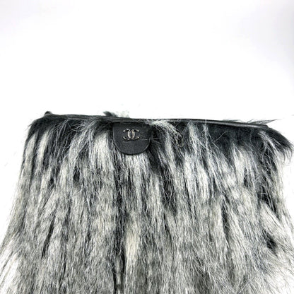 Chanel CC Logo Long Boots Shoes Leather Fur Black White — view 6