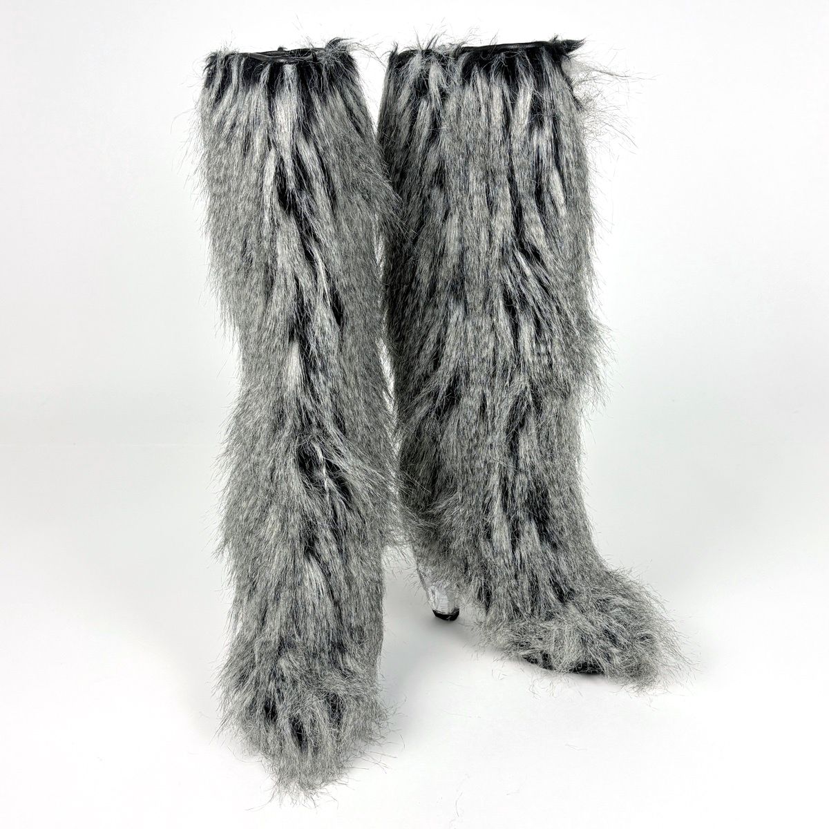 Chanel CC Logo Long Boots Shoes Leather Fur Black White — view 8