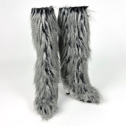 Chanel CC Logo Long Boots Shoes Leather Fur Black White — view 8