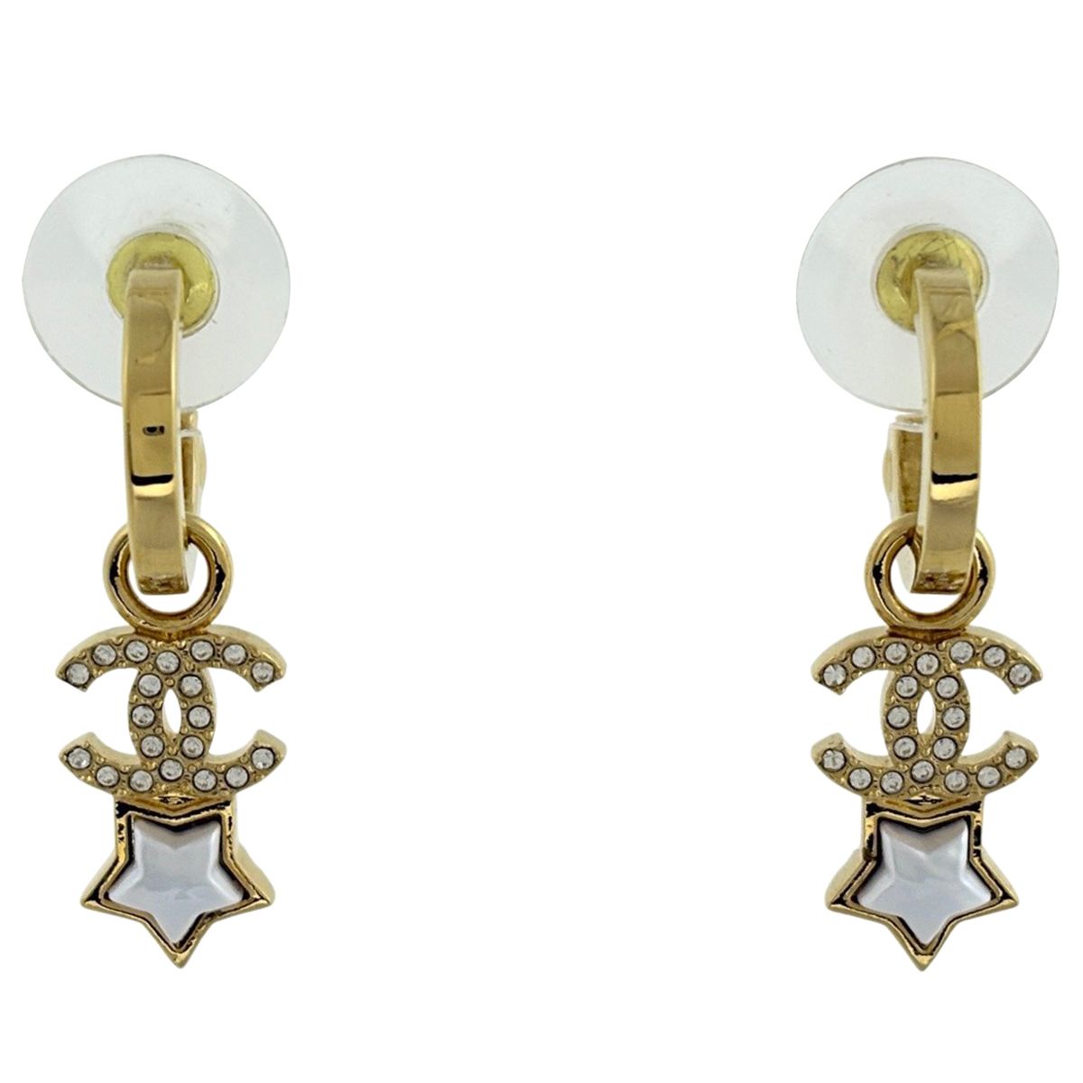 Chanel CC Logo Rhinestone Earrings Swing Gold
