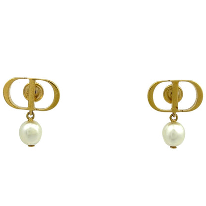 Dior Logo Faux Pearl Earrings Gold White