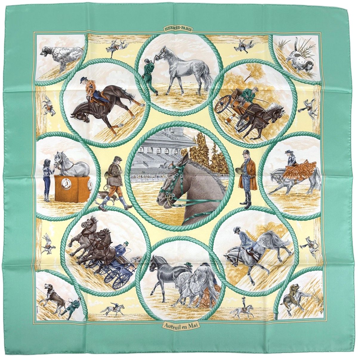 Hermes Carre 90 Auteuil en Mai May of Scarf Silk Green Multicolor