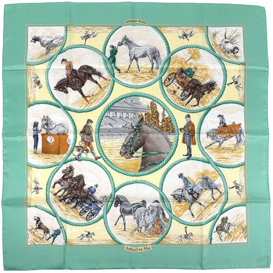 Hermes Carre 90 Auteuil en Mai May of Scarf Silk Green Multicolor