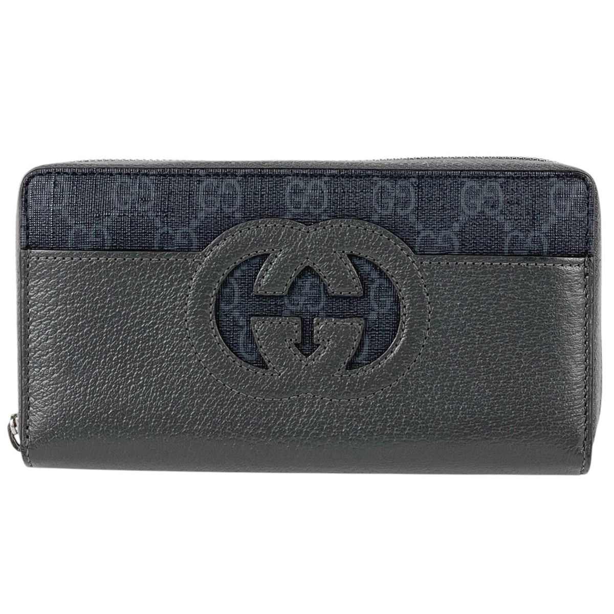 Gucci Cutout Interlocking Zip Around Wallet GG Supreme Pattern Leather Gray