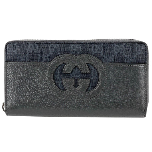 Gucci Cutout Interlocking Zip Around Wallet GG Supreme Pattern Leather Gray