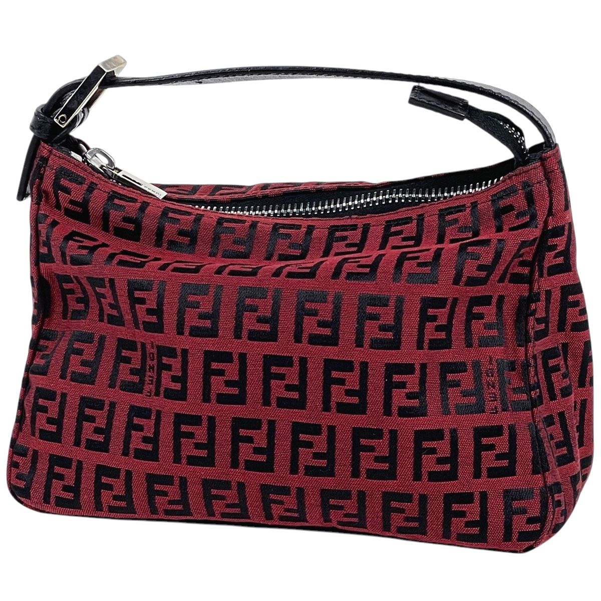 Fendi Zucchino Pattern Mini Handbag Pouch Logo Canvas Red Black