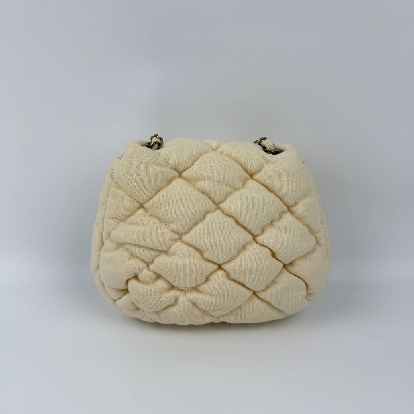 Chanel CC Logo Bubble Quilt Chain Shoulder Bag Crossbody Cream Cotton Vintage — view 6
