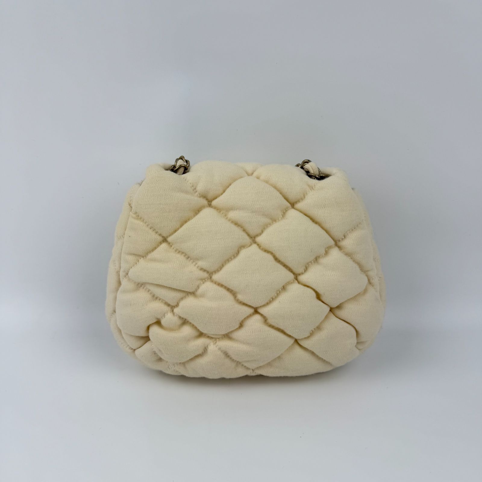 Chanel CC Logo Bubble Quilt Chain Shoulder Bag Crossbody Cream Cotton Vintage — view 6