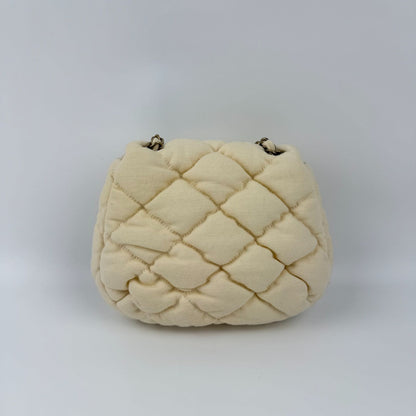Chanel CC Logo Bubble Quilt Chain Shoulder Bag Crossbody Cream Cotton Vintage — view 6