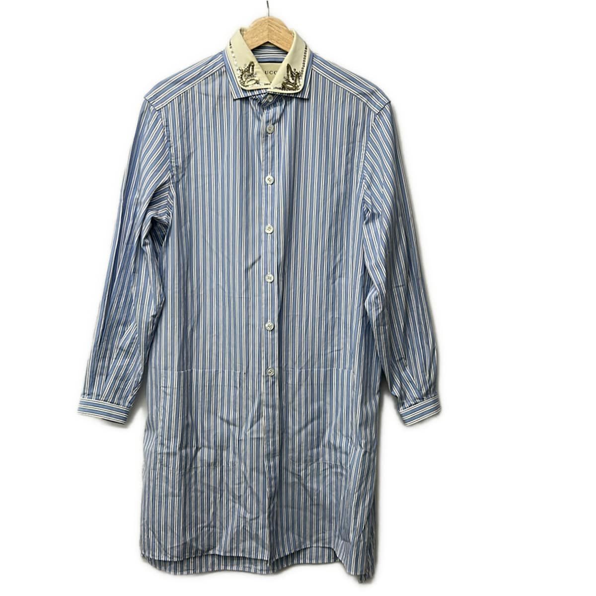 Gucci Long Sleeve Shirt Blouse 38 Light Blue White Striped Sequin Collar
