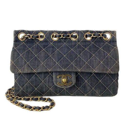Chanel Shoulder Bag Quilted Navy Chain Gold Flap Turnlock