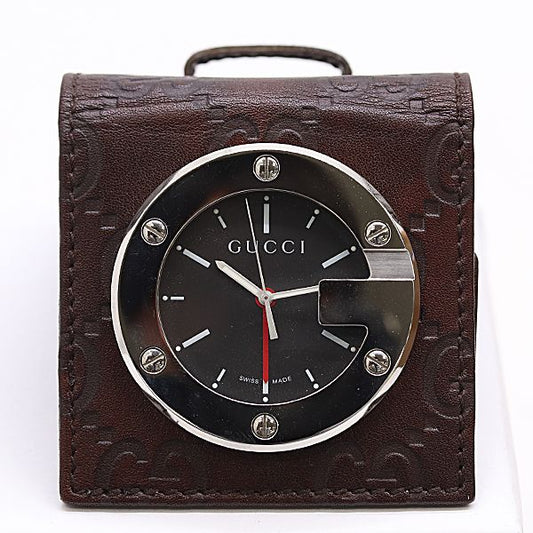 Gucci Box and Paperback Travel Clock 200 SS Quartz Black Dial GG Pattern Table