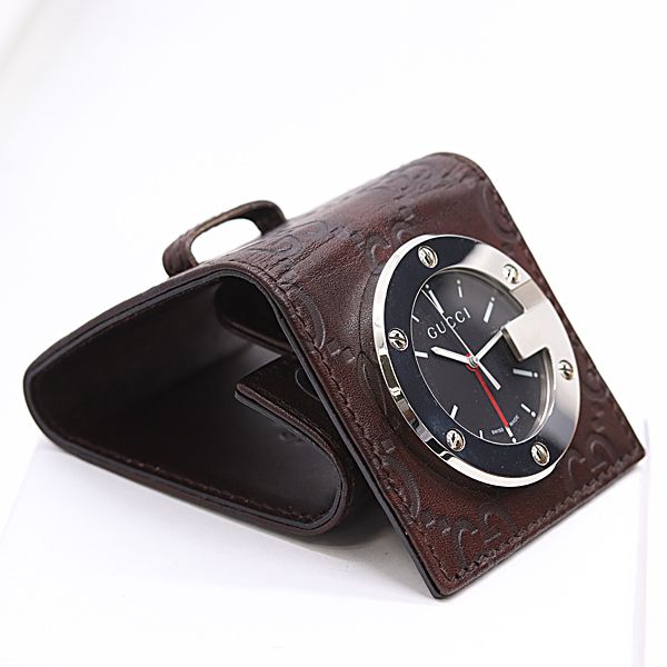 Gucci Box and Paperback Travel Clock 200 SS Quartz Black Dial GG Pattern Table — view 2