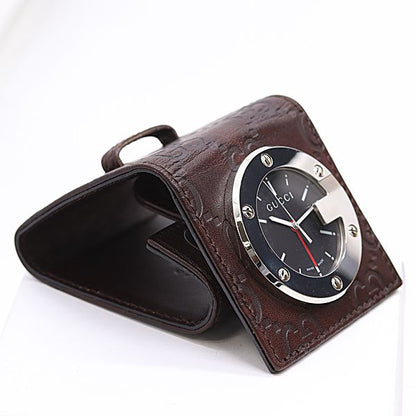 Gucci Box and Paperback Travel Clock 200 SS Quartz Black Dial GG Pattern Table — view 2