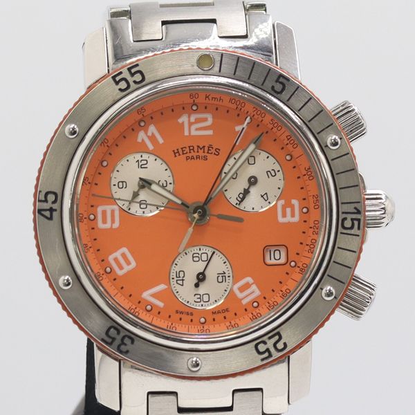 Hermes Clipper Quartz Date Orange Dial Watch Nam