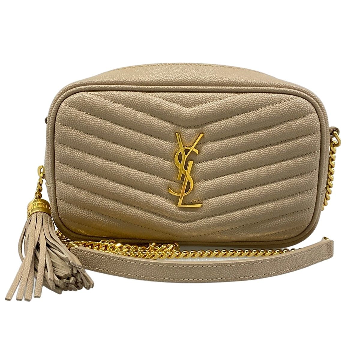 Saint Laurent Paris Mini Shoulder Bag Beige Chain Tassel Leather